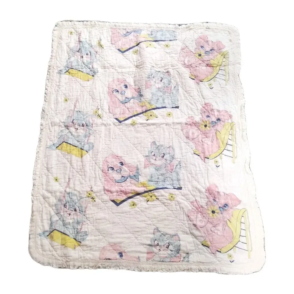Vintage Baby Blanket Cotton Quilted Crib Quilt Pastel Puppy Kitten Bear 4Ox32”